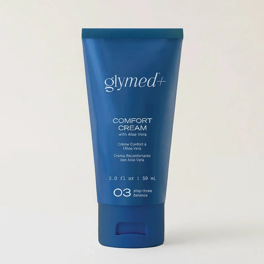 Blue tube of glymed plus Comfort Cream on a white background