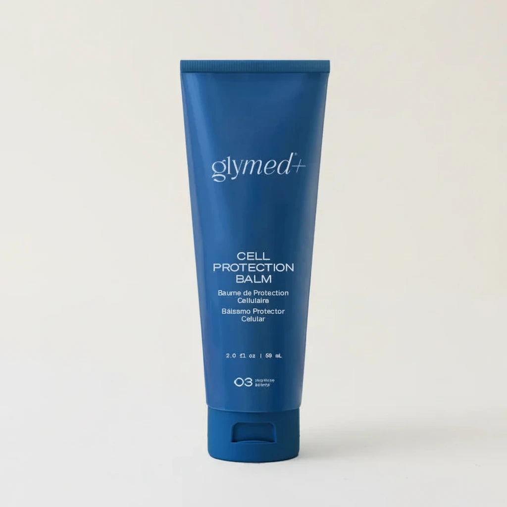 Blue tube of glymed plus Cell Protection Balm on a white background