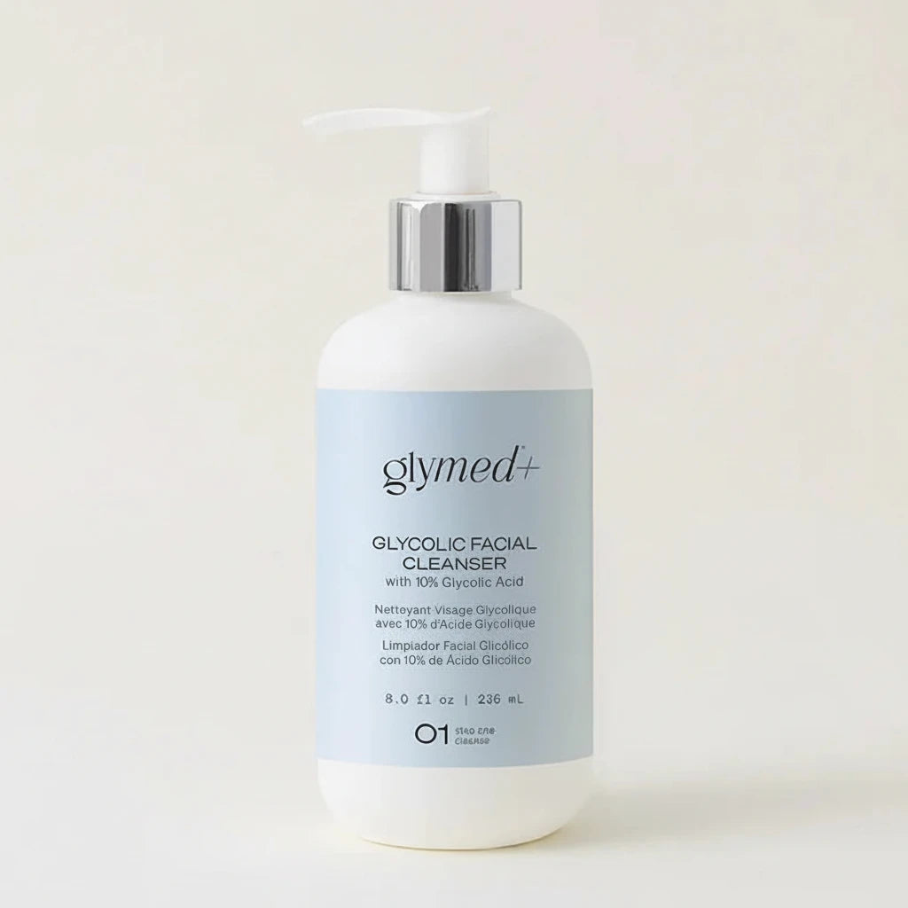 Glymed Plus Glycolic Facial Cleanser bottle on a light background