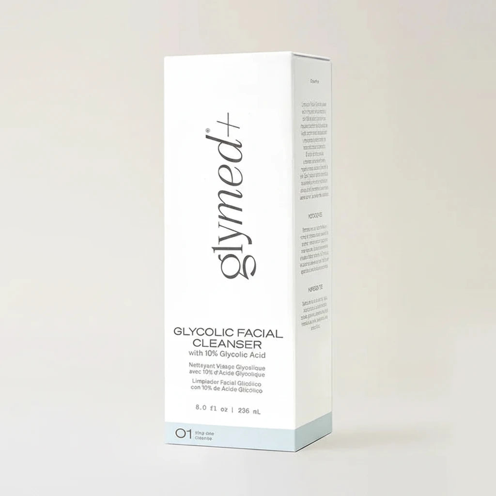 Glymed Plus Glycolic Facial Cleanser packaging on a light gray background