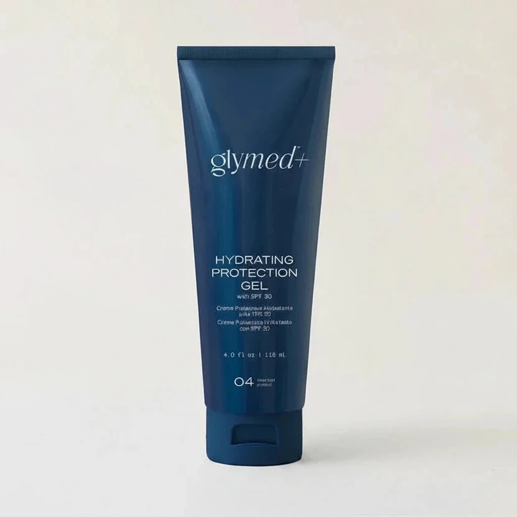 Blue tube of glymed Plus Hydrating Protection Gel SPF 30 on a white background