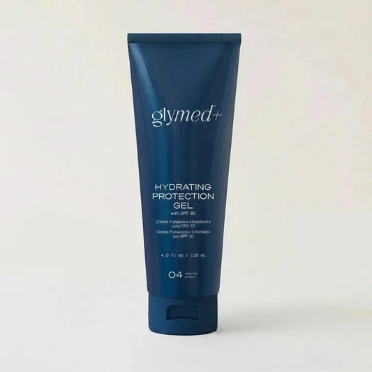 Blue tube of glymed Plus Hydrating Protection Gel SPF 30 on a white background