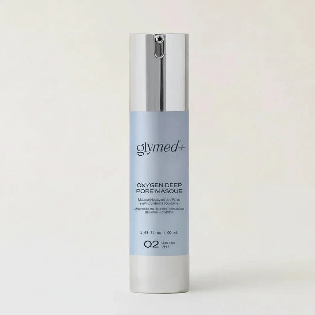 Glymed Plus Oxygen Deep Pore Masque bottle on a light beige background