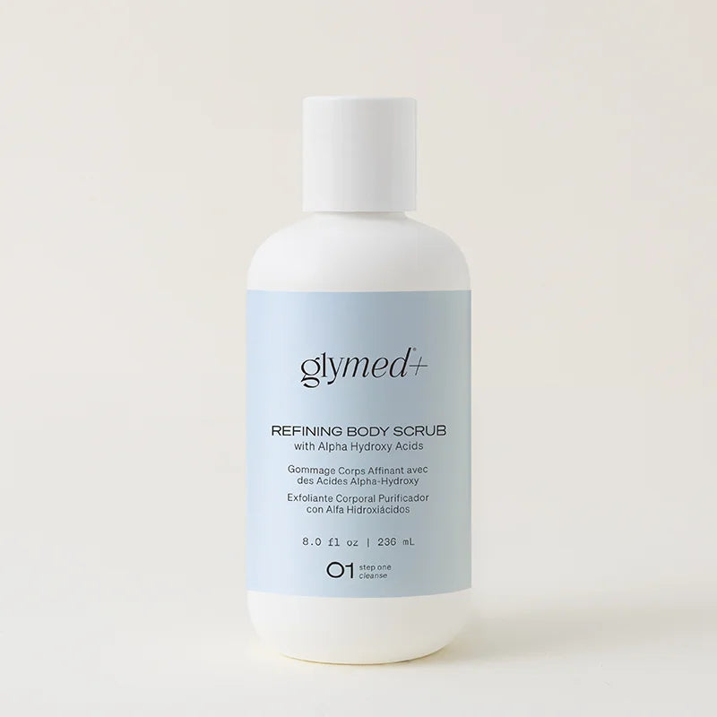 Glymed+ refining body scrub bottle on a light background