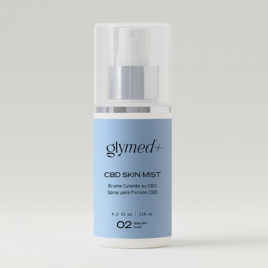 A bottle of GlyMed Plus Skin Mist, which is a facial mist spray with a white pump dispenser. The label is blue with white and blue text detailing the product name and brand.
