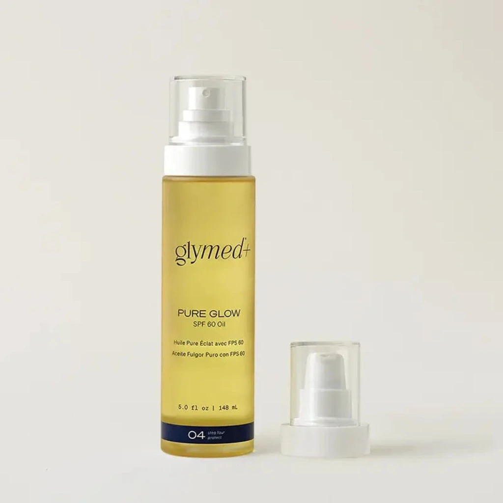 A bottle of glymed+ Pure Glow SPF 60 03 sunscreen with a clear cap, shown next to its detached clear cap on a light beige background.