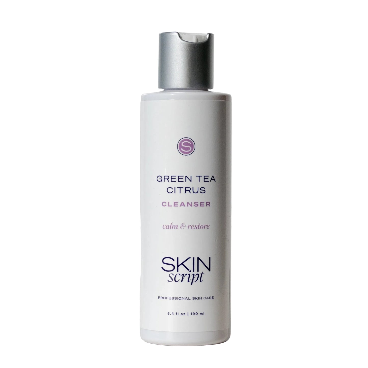 Skincare cleanser bottle labeled 'Green Tea Citrus' by 'Skin Script' on a light gray background