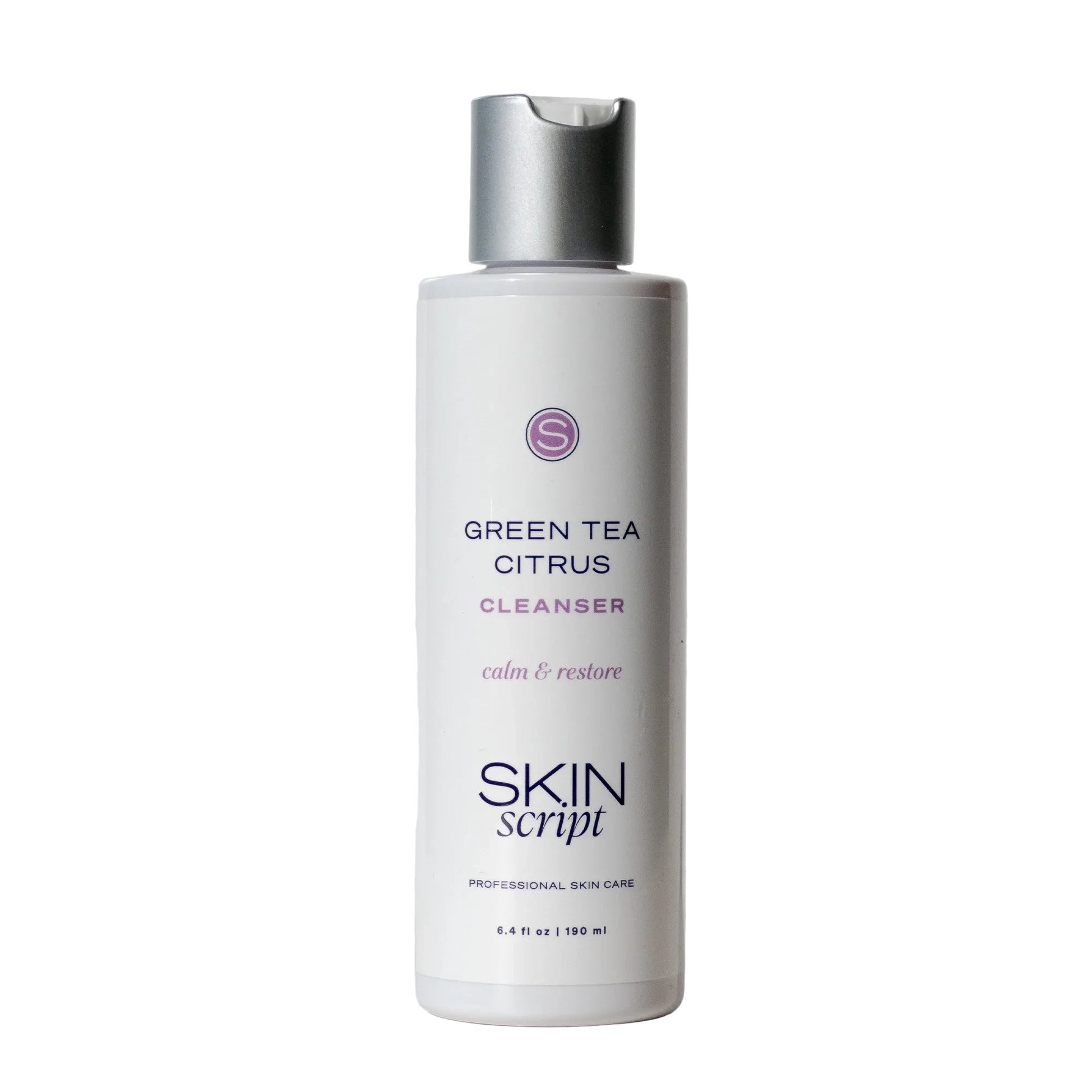 Skincare cleanser bottle labeled 'Green Tea Citrus' by 'Skin Script' on a light gray background