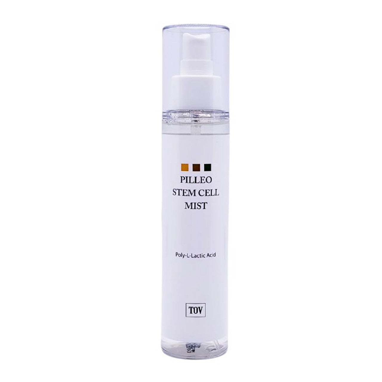 A clear cylindrical pump bottle of HOP+ PLLA PILLEO STEM CELL MIST with a white cap and a white label, shown against a plain white background.