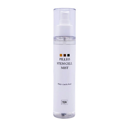 A clear cylindrical pump bottle of HOP+ PLLA PILLEO STEM CELL MIST with a white cap and a white label, shown against a plain white background.