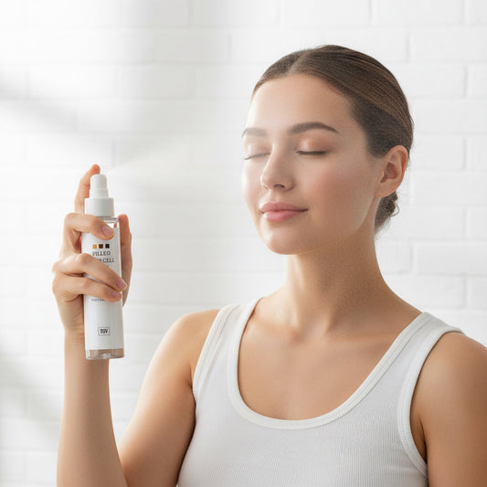 A clear cylindrical pump bottle of PILLEO STEM CELL MIST with a white cap and a white label, shown against a plain white background.