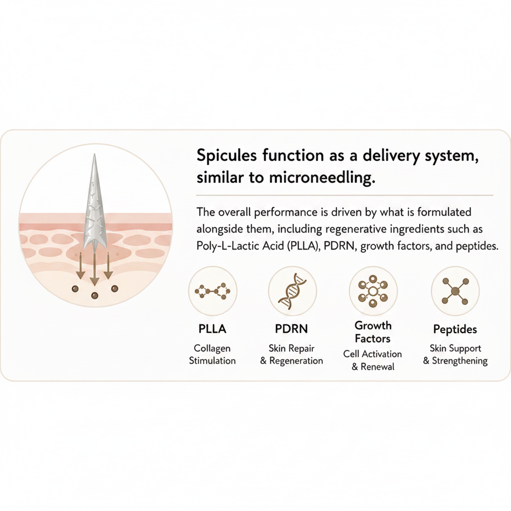 An informational graphic explaining the delivery function of spicules in a skin treatment. It includes a circular diagram showing a needle-like spicule penetrating the skin, plus text describing the overall performance and a list of key formulated ingredients: PLLA for collagen stimulation, PDRN for skin repair and regeneration, growth factors for cell activation and renewal, and peptides for skin support and strengthening.