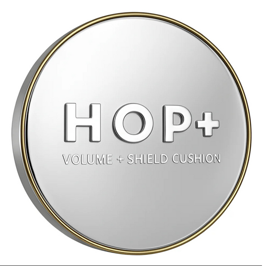 Round metallic container with 'HOP+' branding on a white background