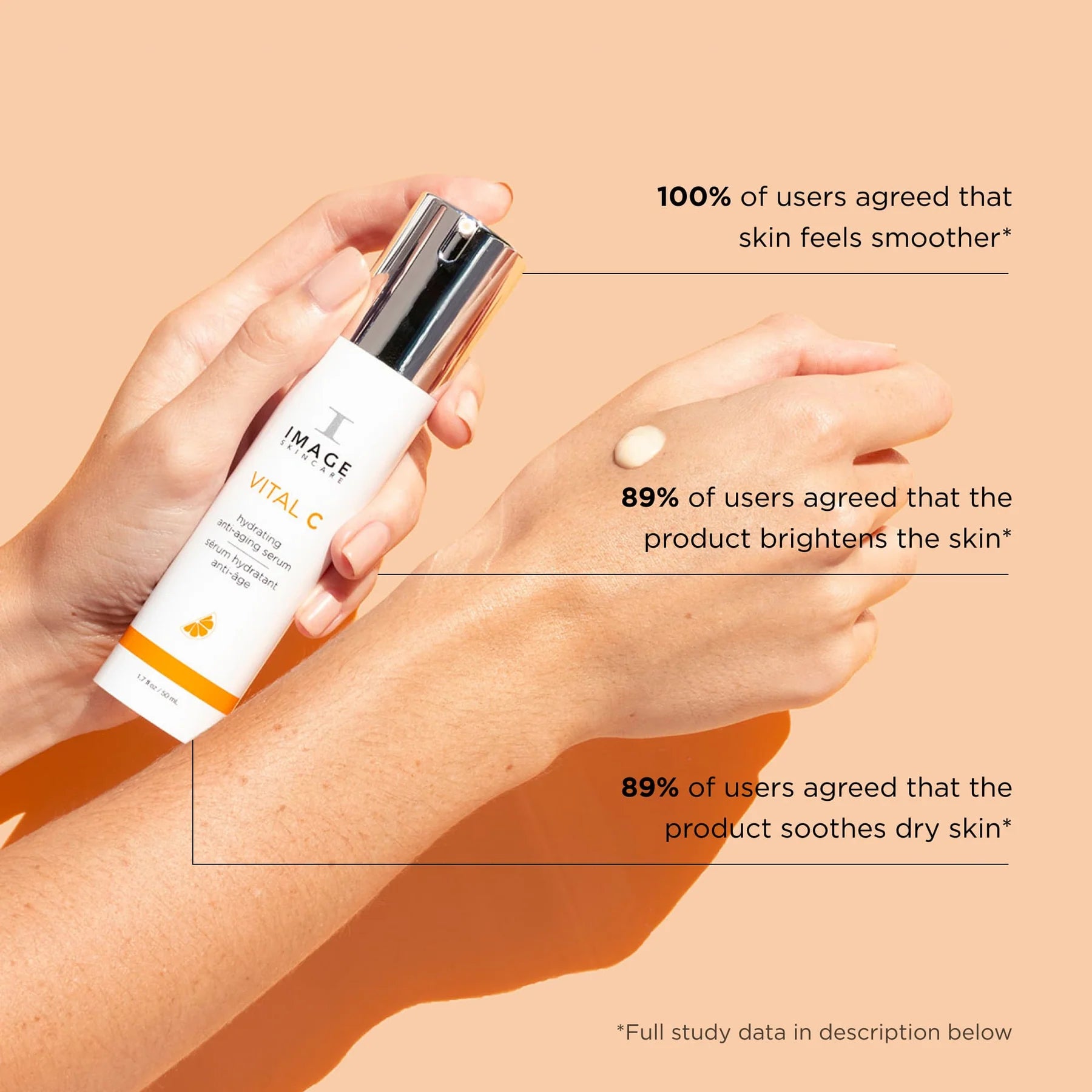 Hand holding a skincare product with text on skin benefits on a beige background
