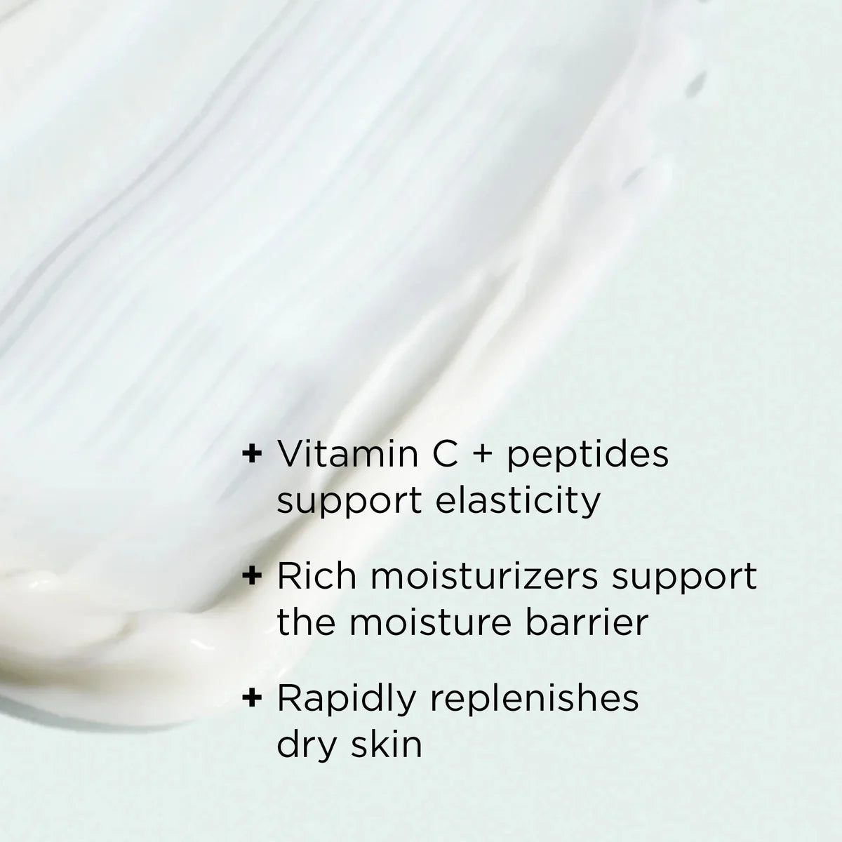 Text detailing skincare benefits with a close-up of white product smear.