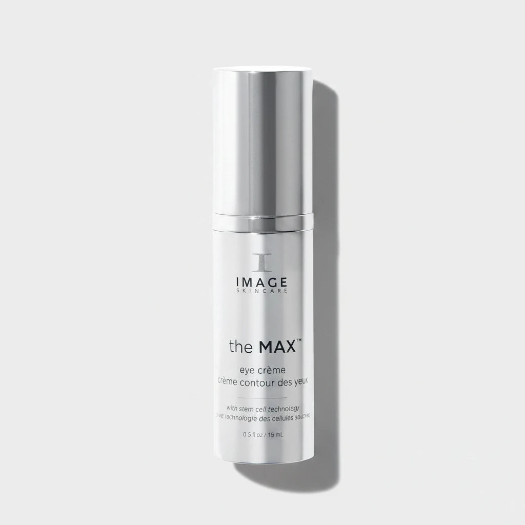 Image skincare The MAX Eye Crème in a sleek white cylindrical bottle with a reflective silver cap, set against a clean white background with a soft shadow.