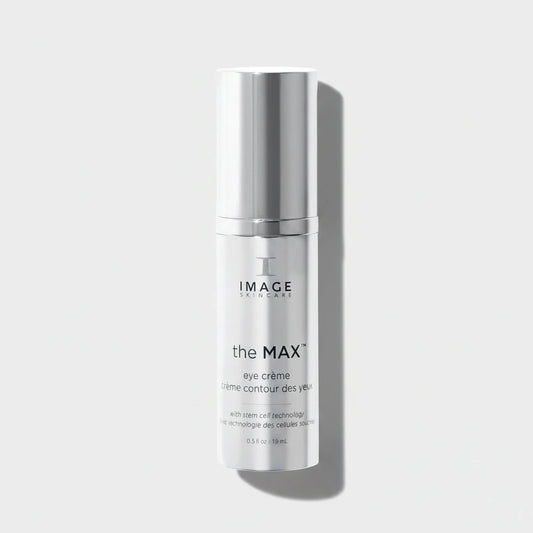 Image skincare The MAX Eye Crème in a sleek white cylindrical bottle with a reflective silver cap, set against a clean white background with a soft shadow.