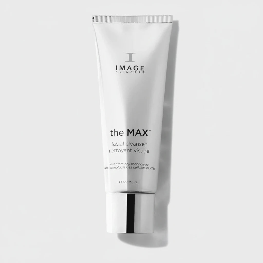 A white squeeze tube of Image Skincare 'the MAX' facial cleanser with a reflective silver cap, set against a clean white background with a soft shadow.