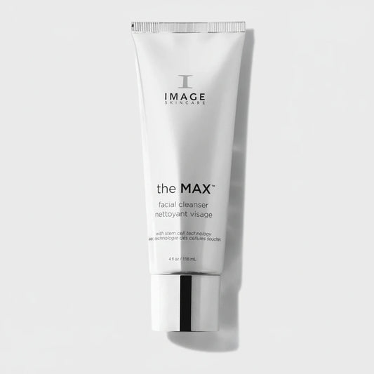 A white squeeze tube of Image Skincare 'the MAX' facial cleanser with a reflective silver cap, set against a clean white background with a soft shadow.