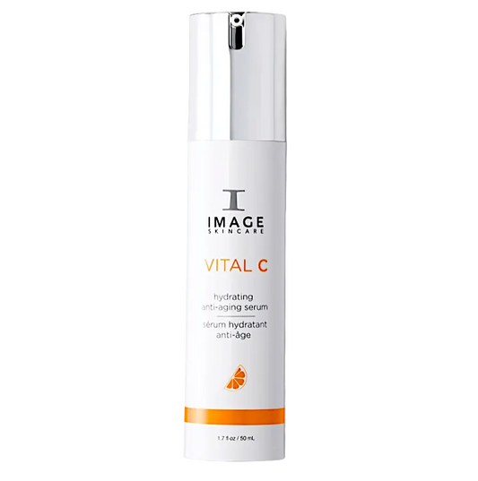 Image Skincare VITAL C Hydrating Anti-Aging Serum in a white pump bottle with orange accents.