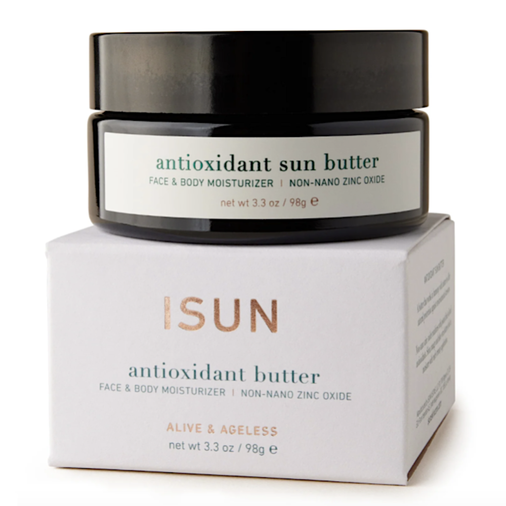 ISUN Antioxidant Sun Butter jar sitting on top of product box on a white background