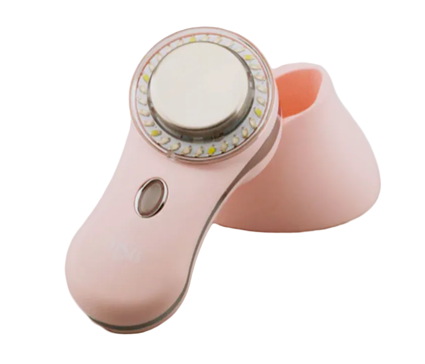 Pink skin care device with a white circular component on a light gray background