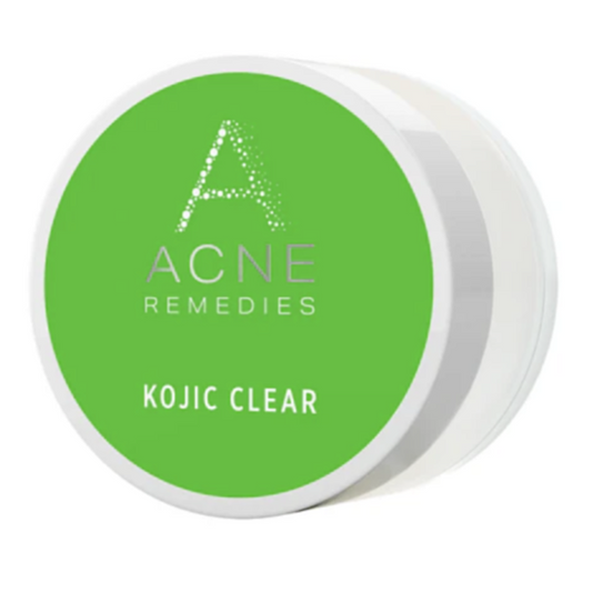 A green and white container labeled 'ACNE REMEDIES KOJIC CLEAR' from Rhonda Allison.