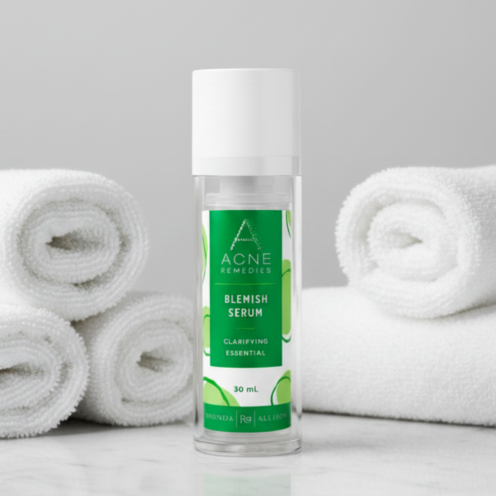 Bottle of Acne Remedies blemish serum on a white towel background