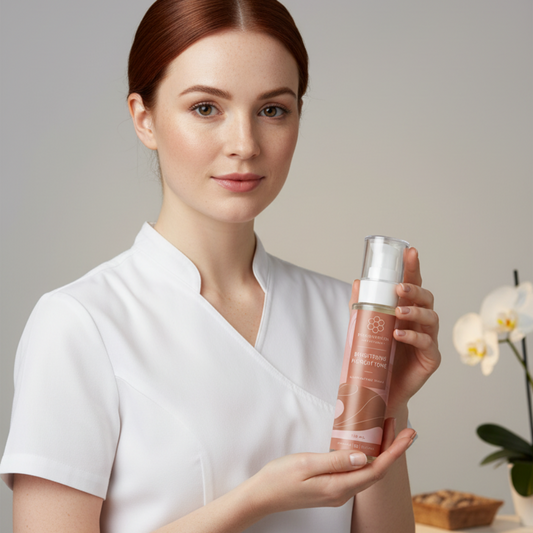 woman holding Bottle of Brightening Pigment Tonic in spa setting