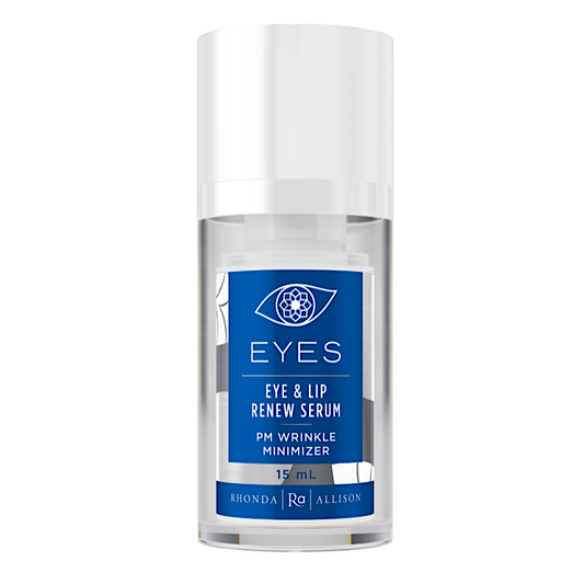 Eye and lip serum bottle with blue label on a white background