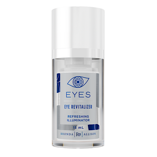 Clear bottle of 'Eyes' eye revitalizer with blue label on a white background