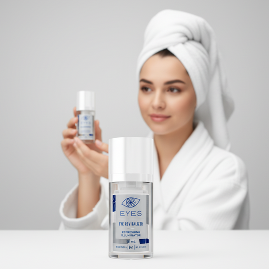 Rhonda Allison  bottle of 'Eyes' eye revitalizer with blue label on a white background with young woman