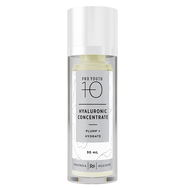 Skincare serum bottle labeled 'Pro Youth 10 Hyaluronic Concentrate' on a white background