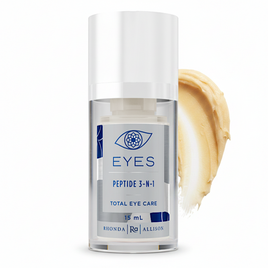 Rhonda Allison Skincare bottle labeled 'EYES Peptide 3-N-1 Total Eye Care' on a white background with shea butter smear