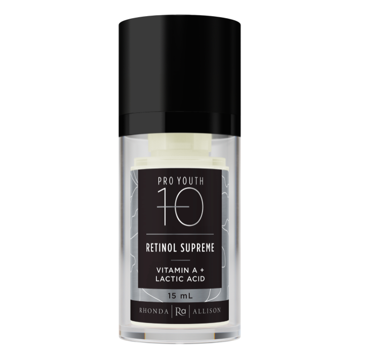 Skincare serum bottle labeled 'Pro Youth 10 Retinol Supreme' on a white background