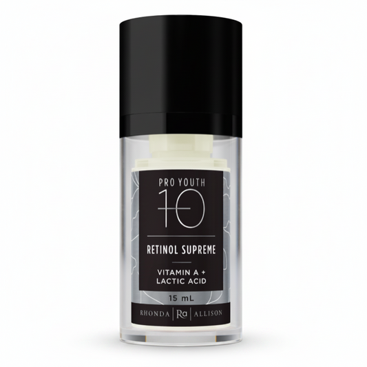 Rhonda Allison Skincare serum bottle labeled 'Pro Youth 10 Retinol Supreme' on a white background
