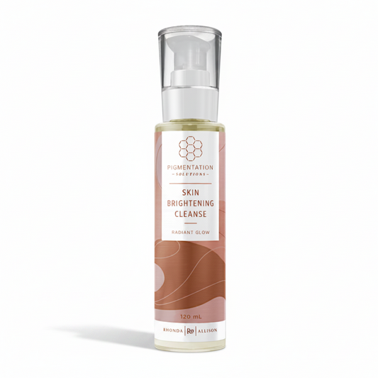 Skincare bottle labeled 'Skin Brightening Cleanse' on a white background