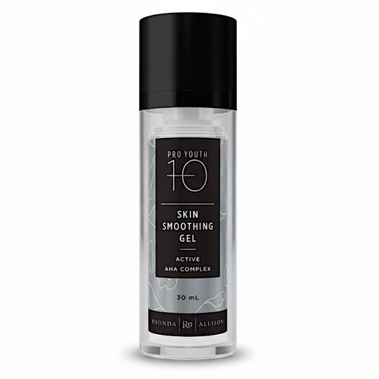 Rhonda Allison Skin smoothing gel bottle with black cap and label on a white background