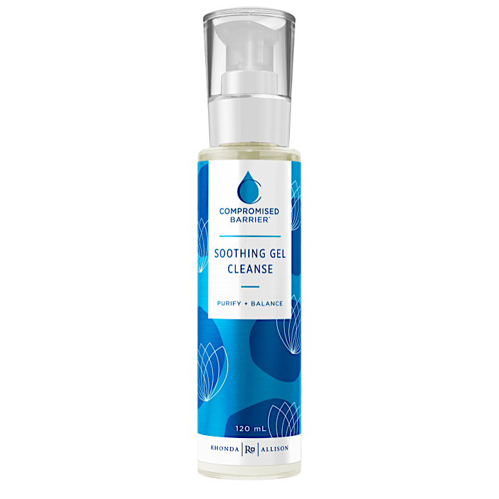 Bottle of 'Compromised Barrier' soothing gel cleanse on a white background