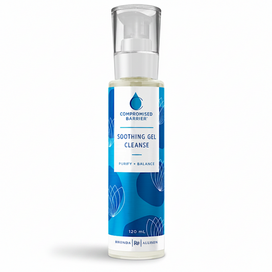 Bottle of Rhonda Allison 'Compromised Barrier' soothing gel cleanse on a white background