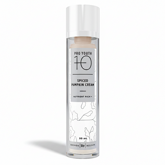 Skincare bottle labeled 'Pro Youth 10' with 'Spiced Pumpkin Cream' on a white background
