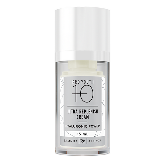 Skincare cream bottle labeled 'Pro Youth 10 Ultra Replenish Cream' on a white background