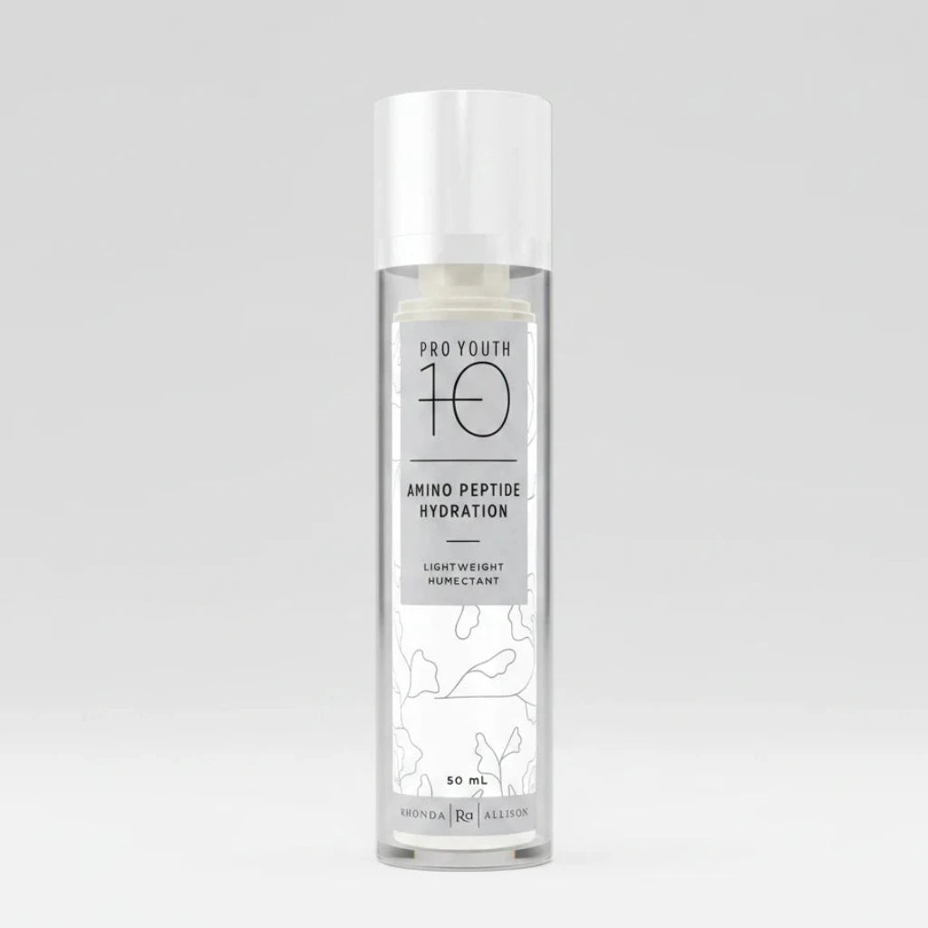 Skincare bottle labeled 'Pro Youth 10' Amino Peptide Hydration on a light grey background