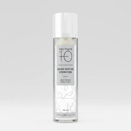 Skincare bottle labeled 'Pro Youth 10' Amino Peptide Hydration on a light grey background