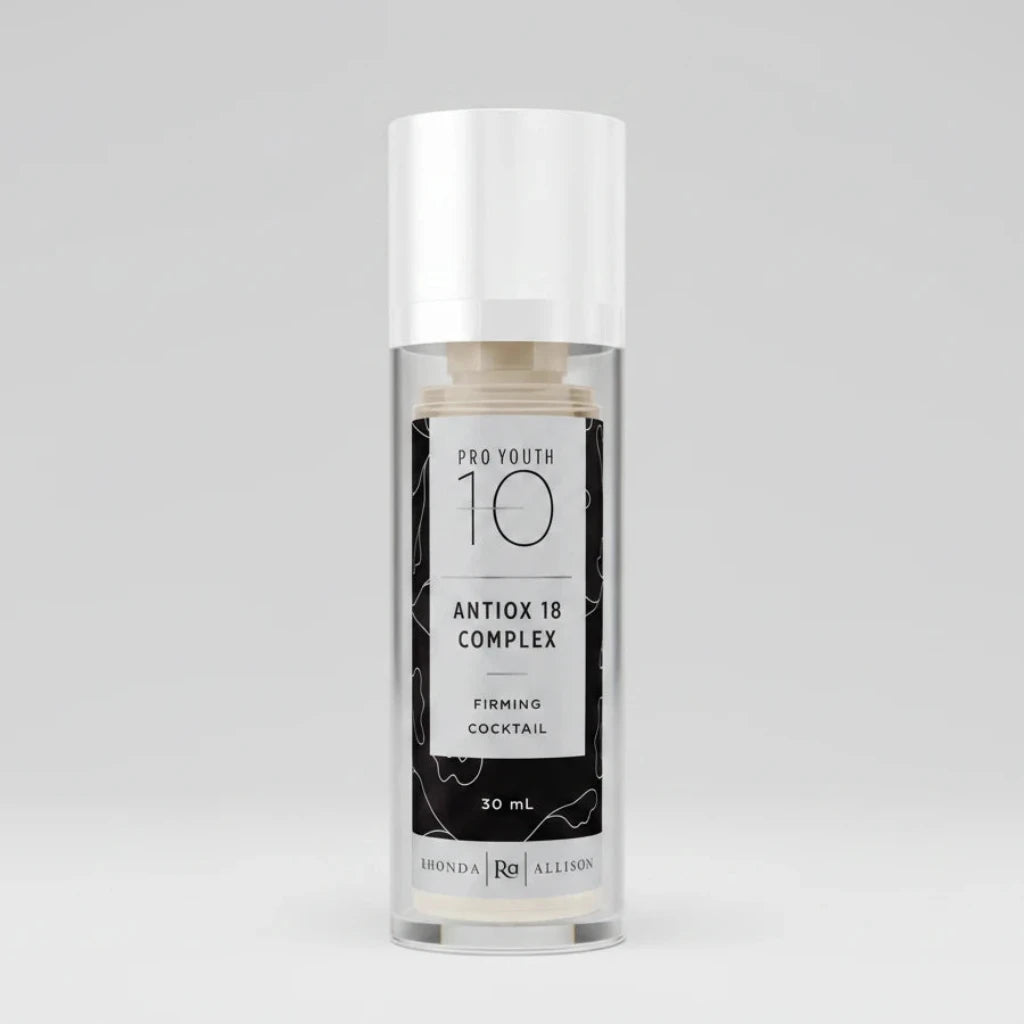 Skincare bottle labeled 'Pro Youth 10 Antiox 18 Complex' on a white background