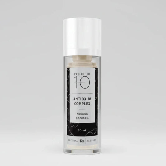Skincare bottle labeled 'Pro Youth 10 Antiox 18 Complex' on a white background