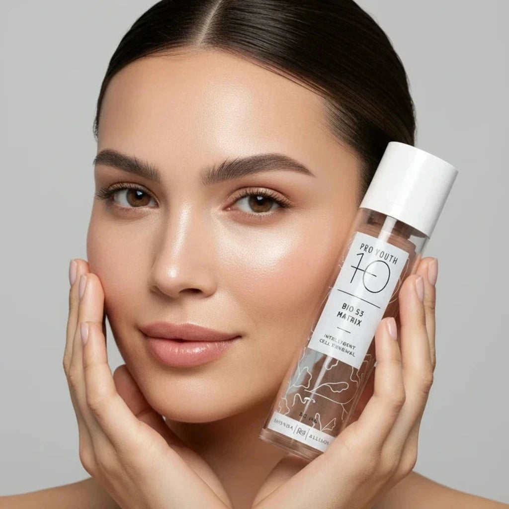 Woman holding a skincare product bottle with a neutral background