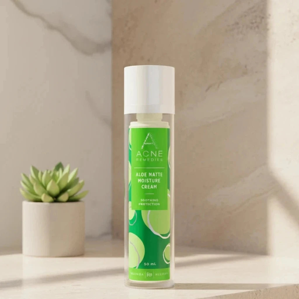 Aloe matte moisture cream bottle with green label on a light beige background