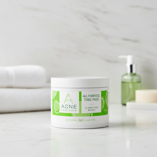 Jar of Acne Remedies All Purpose Tonic Pads on a marble background spa setting