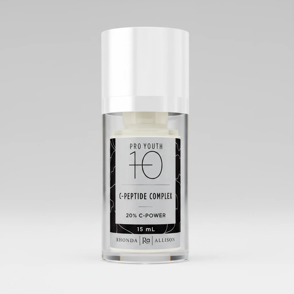 Skincare serum bottle labeled 'Pro Youth 10 C-Peptide Complex' with 'Rhonda Allison' branding on a white background.